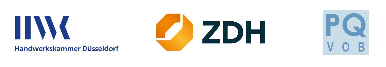 Das Bild zeigt die Logos der Handwerkskammer Düsseldorf, ZDH und PQ VOB in einer klaren, modernen Anordnung.